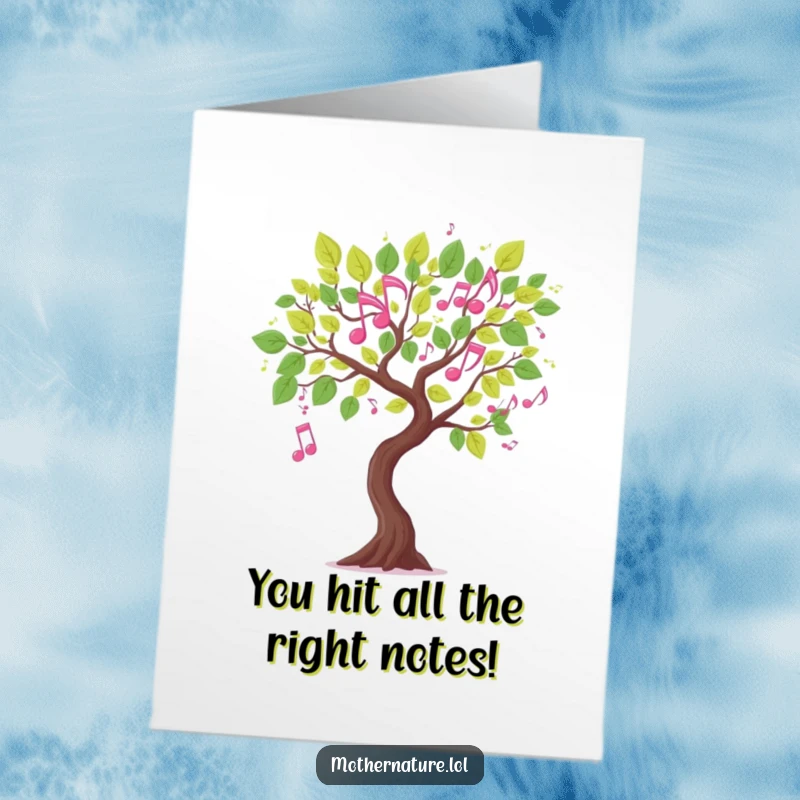 Funny Free Printable Congratulations Card: Tree branch adorned with dancing musical note leaves, a joyful downloadable gift.