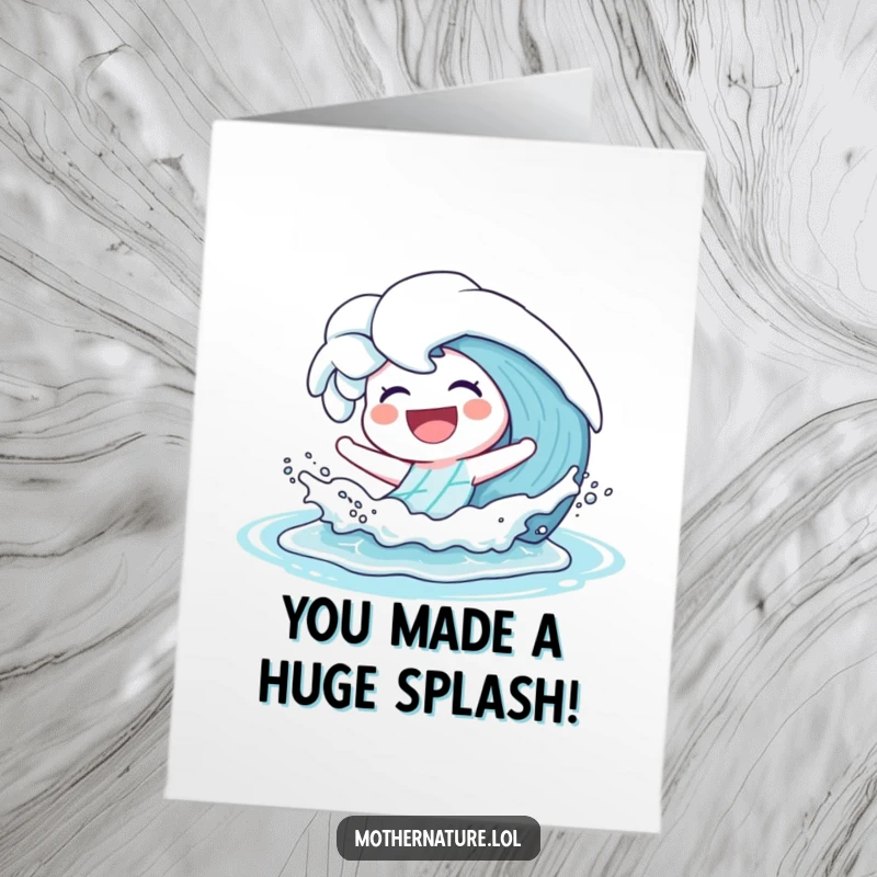 Joyful Free Printable Congratulations Card: Energetic wave character laughing as it playfully splashes onto a sandy shore.