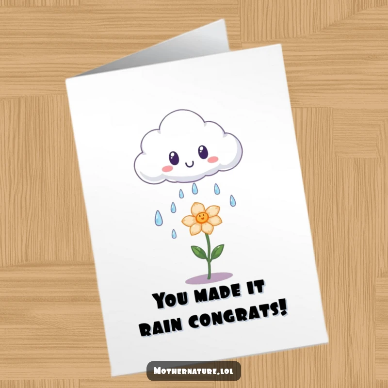 Funny Free Printable Congratulations Card: A surprised cloud shedding shimmering, iridescent raindrops onto a tiny, smiling flower, celebrating good news.