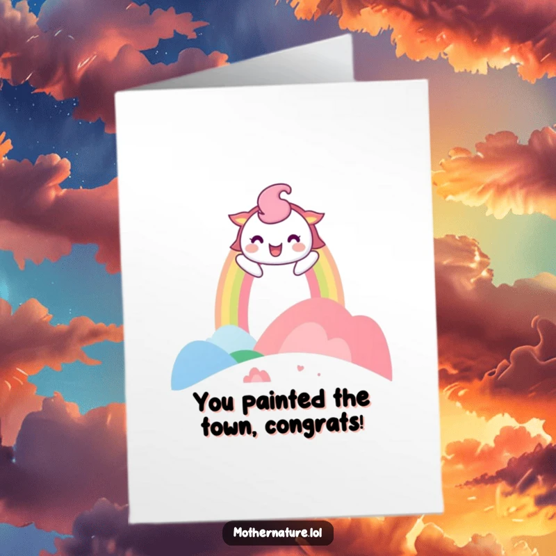 Funny Free Printable Congratulations Card: Playful rainbow arches over a laughing landscape, celebrating success. Cheerful downloadable art.