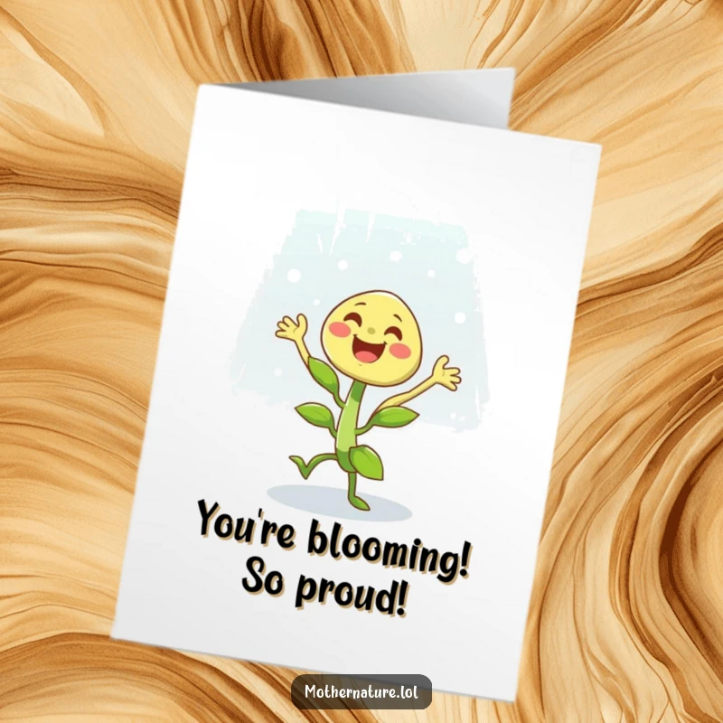 Funny Free Printable Congratulations Card: A happy plant character doing a joyful dance in light rain, celebrating success.