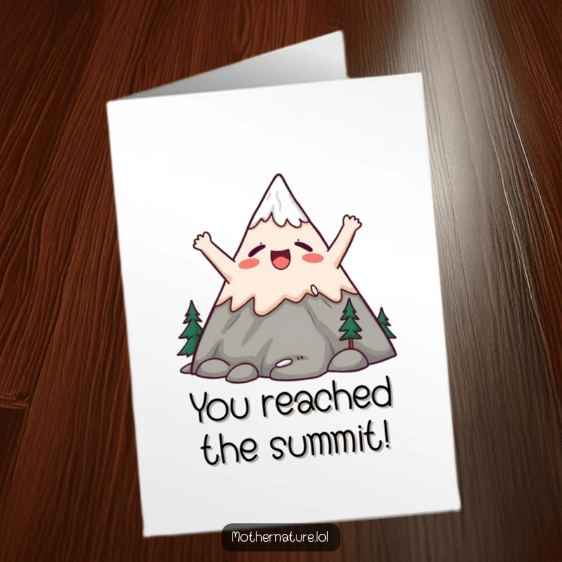 Funny Free Printable Congrats Card: Cute mountain character stretching peaks upwards with a yawn of satisfaction, celebratory and calm.