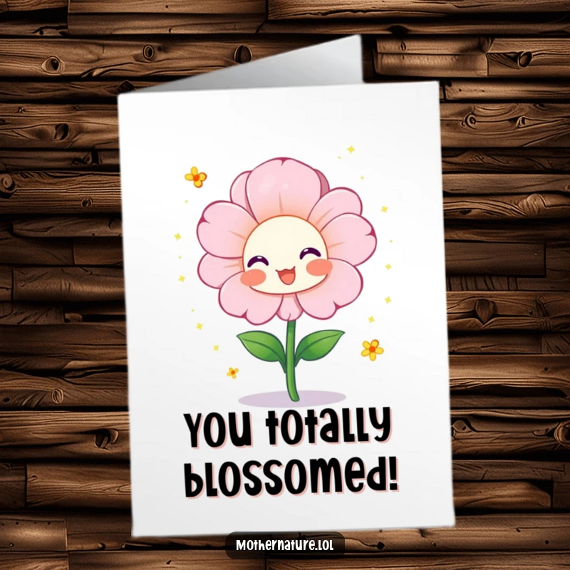Funny Free Printable Congratulations Card with a happy flower character showering pollen sparkles, celebrating success.