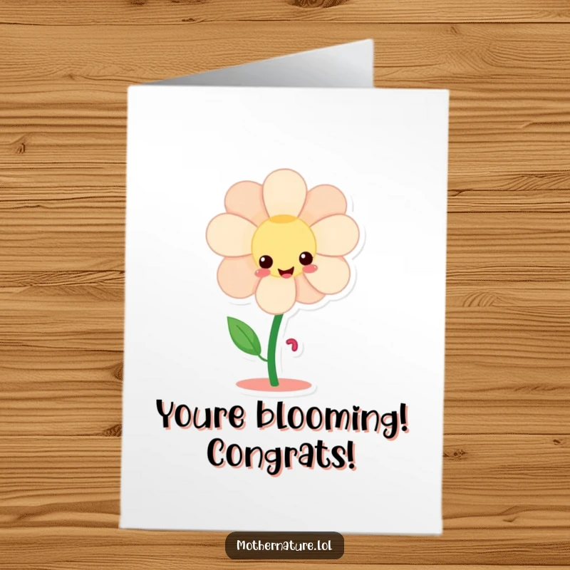 Funny Free Printable Congratulations Card: A giggling flower character dances on tiny legs, celebrating achievements with downloadable festive flair.