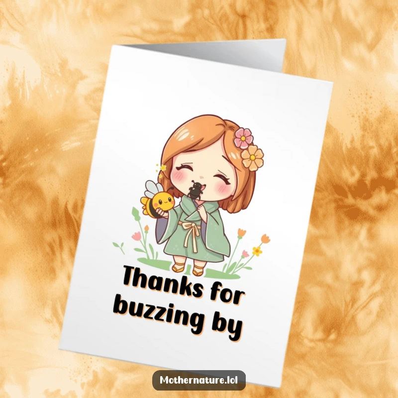 Free Printable Thank You Card: Mother Nature joyfully holds a tiny, buzzing bee, symbolizing the interconnectedness of nature.