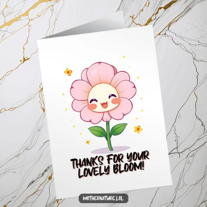 Funny Free Printable Thank You Card featuring a blooming flower character showering tiny pollen sparkles with gratitude.