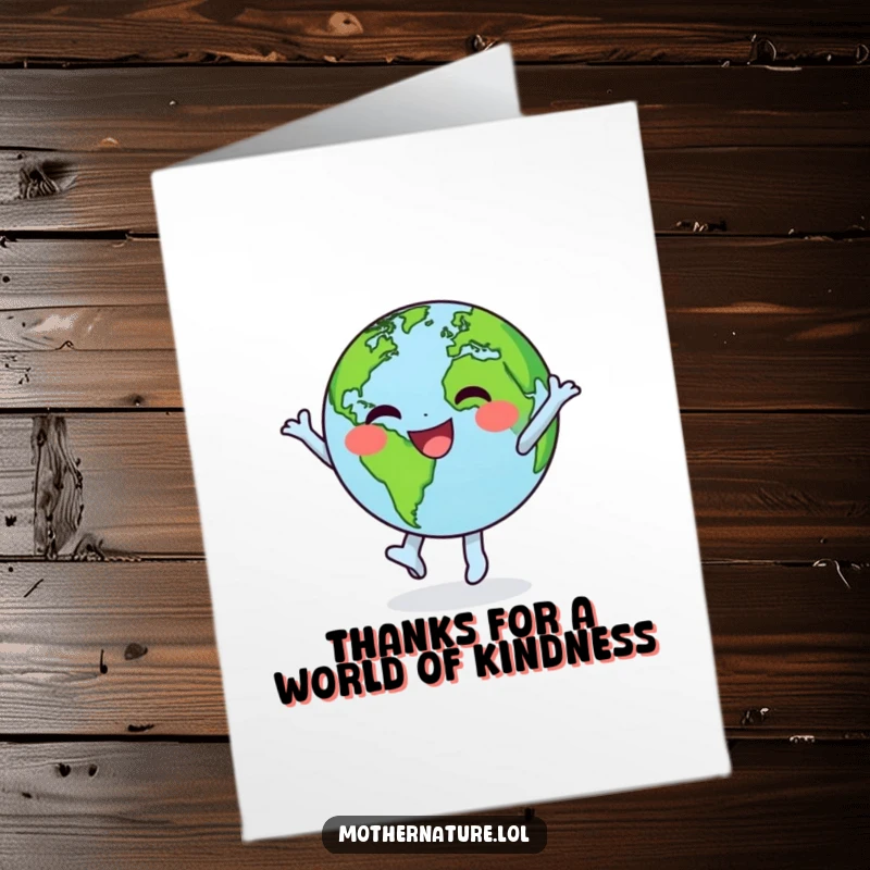 Funny Free Printable Thank You Card: Happy earth character doing a joyful dance, spinning with green continents, grateful.