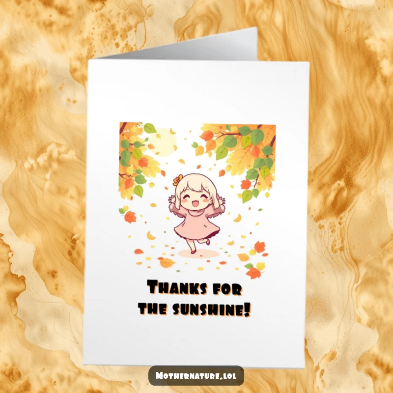 Funny Free Printable Thank You Card: A character dances with abandon among falling leaves and warm sunshine, a joyful expression of thanks.