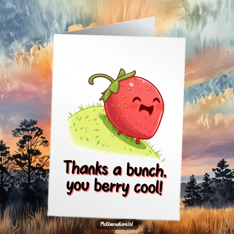 Funny Free Printable Thank You Card: A plump, dizzy strawberry rolling down a hill, expressing heartfelt, humorous thanks.