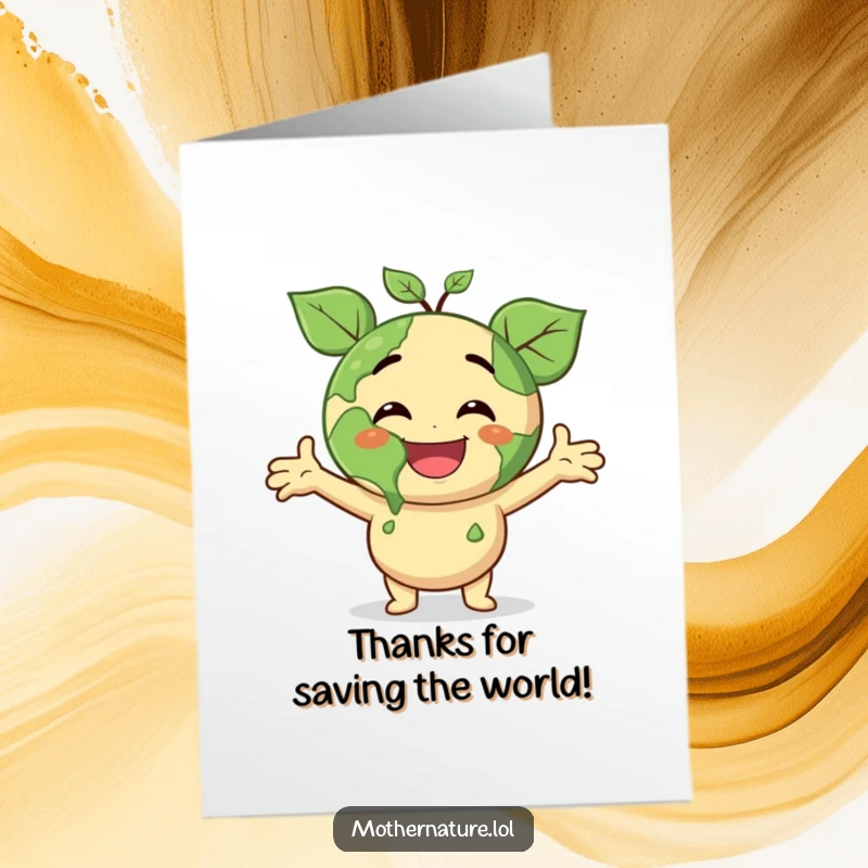 Funny Free Printable Thank You Card: Happy Earth character with leafy arms open, offering a surprising, joyful thank you.