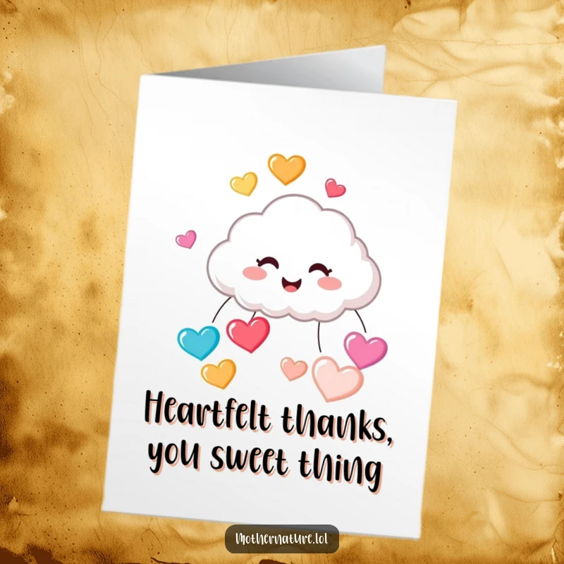 Funny Free Printable Thank You Card: Cute cloud giggling, raining colorful bouncing hearts, expressing thanks happily.