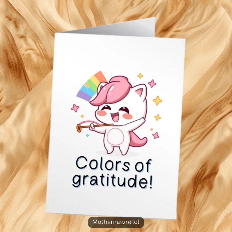 Funny Free Printable Thank You Card: A mischievous character orchestrates a vibrant rainbow, a colorful and humorous way to say thank you.