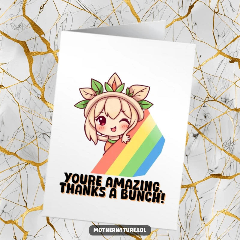 Funny Free Printable Thank You Card: A slightly mischievous Mother Nature peeking from behind a colorful rainbow, offering a playful thank you.