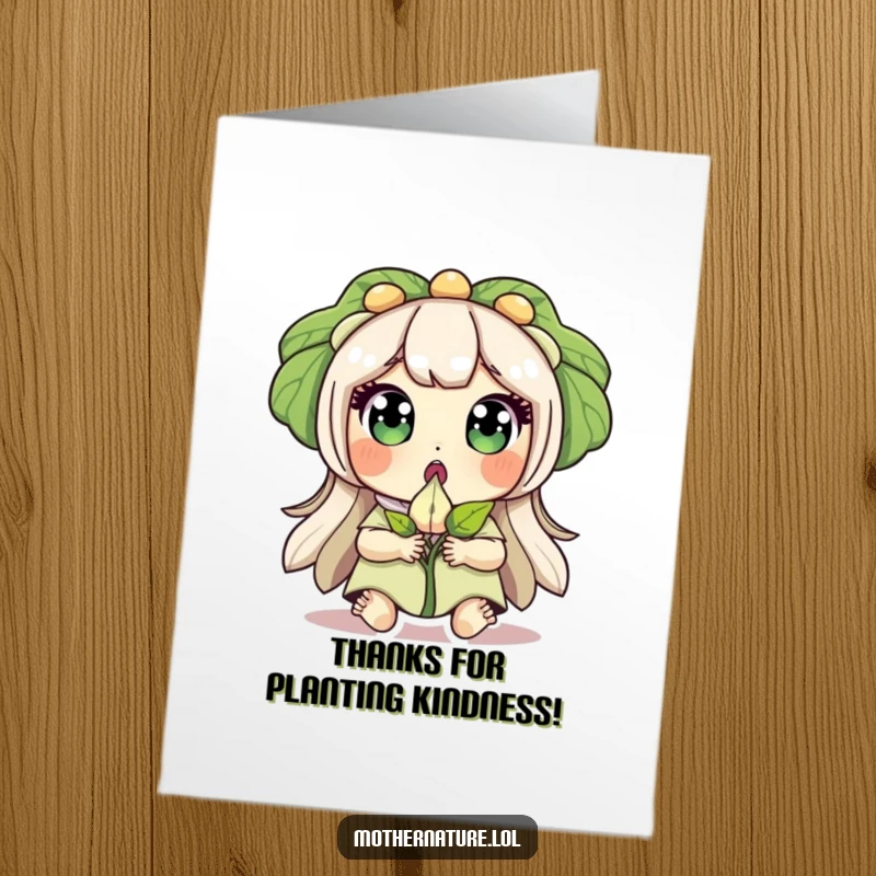 Funny Free Printable Thank You Card: Mother Nature's wide-eyed surprise holding a tiny sprouting seed.