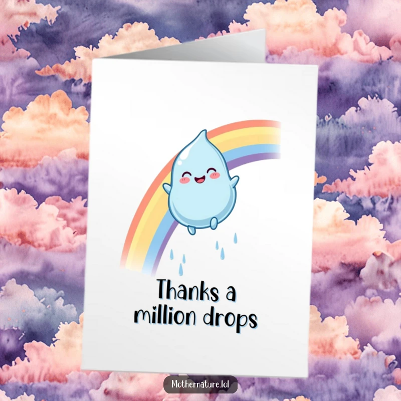 Funny Free Printable Thank You Card: Plump raindrop smiles, sliding gleefully down a rainbow, expressing heartfelt thanks.