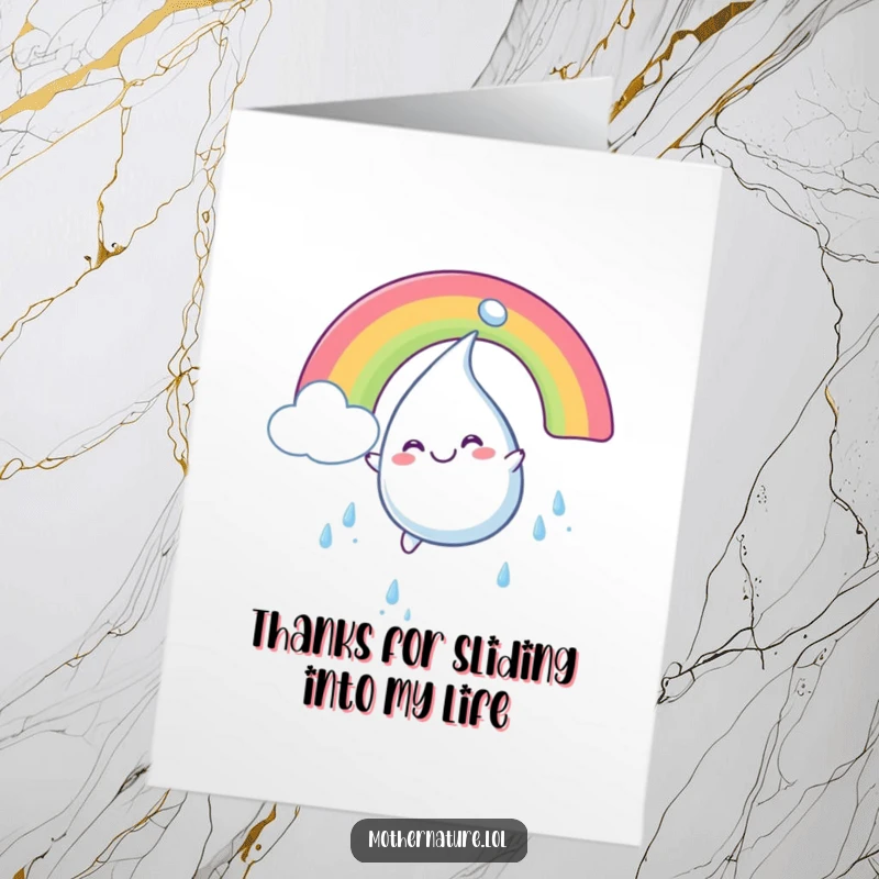 Funny Free Printable Thank You Card: Plump smiling raindrop character sliding down a rainbow with glee, colorful thanks.