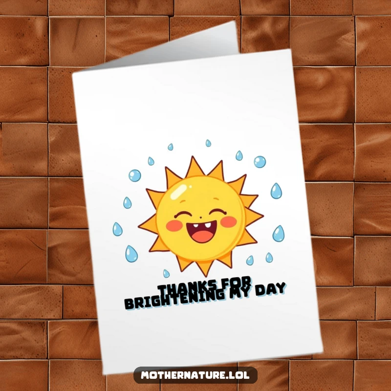 Funny Free Printable Thank You Card: Happy sun character juggling raindrops, a unique way to express gratitude with downloadable humor.