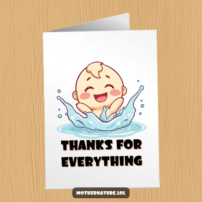 Funny Free Printable Thank You Card: A smiling river character playfully splashes with delight, offering downloadable thanks.