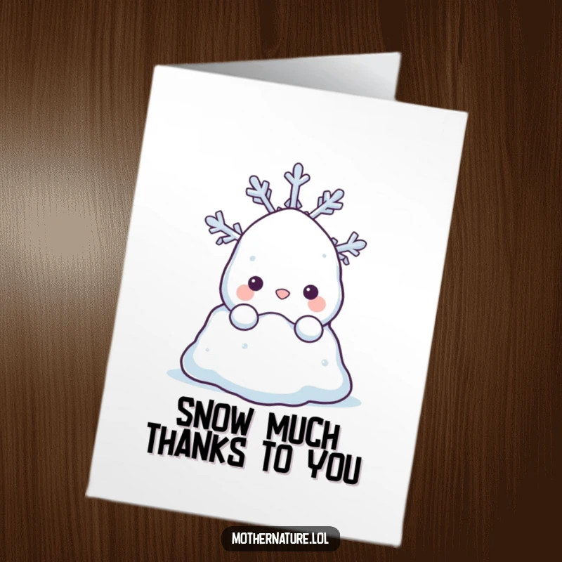 Funny Free Printable Thank You Card featuring a shy snowdrift character peeking from behind a happy snowflake, offering a sweet thank you.
