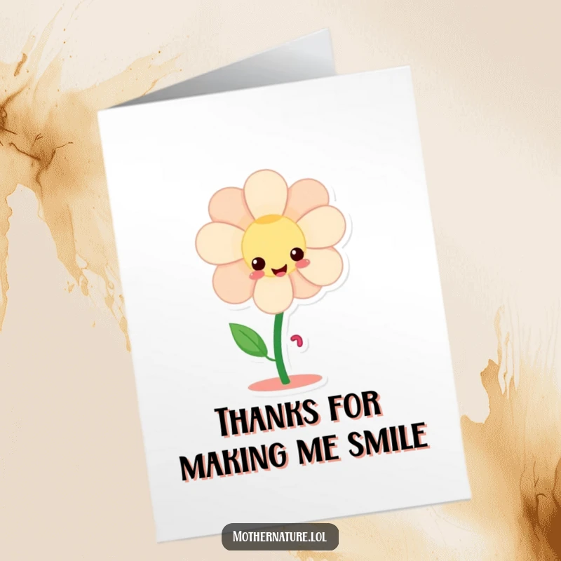 Funny Free Printable Thank You Card: A giggling flower character twirls on tiny dancing legs, expressing thanks with downloadable charm.