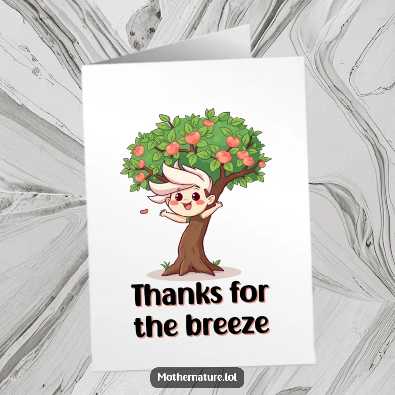 Funny Free Printable Thank You Card: A mischievous wind gust playfully rustles the leaves of a happy tree. Lighthearted and thankful.