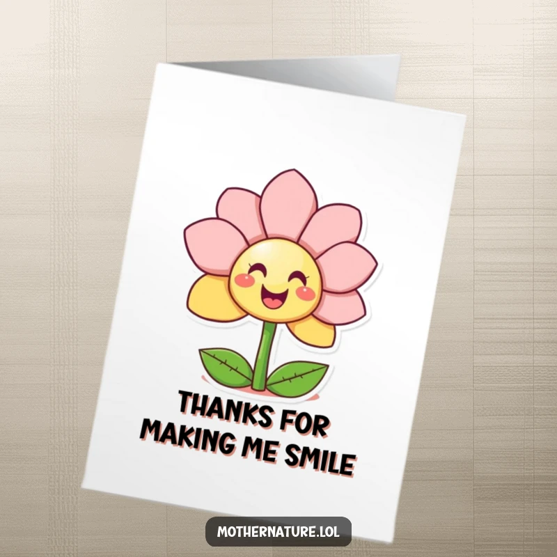 Funny Free Printable Thank You Card: Giggling flower character unfurling petals to reveal a smiley face for a thank you.