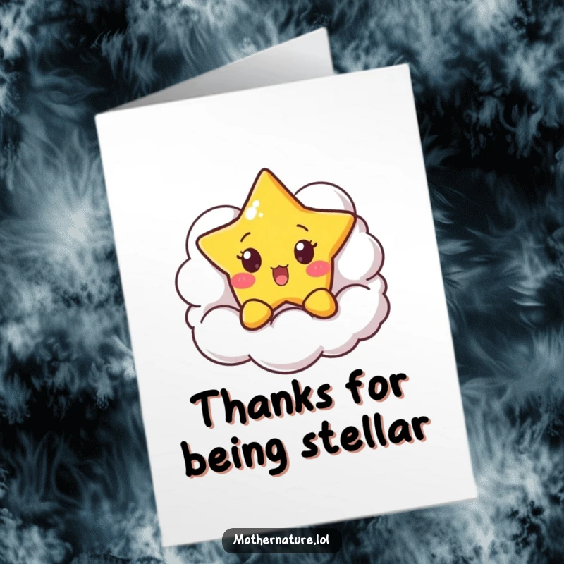 Funny Free Printable Thank You Card: Surprised star peeking from a smiling cloud, perfect for a thank you note.