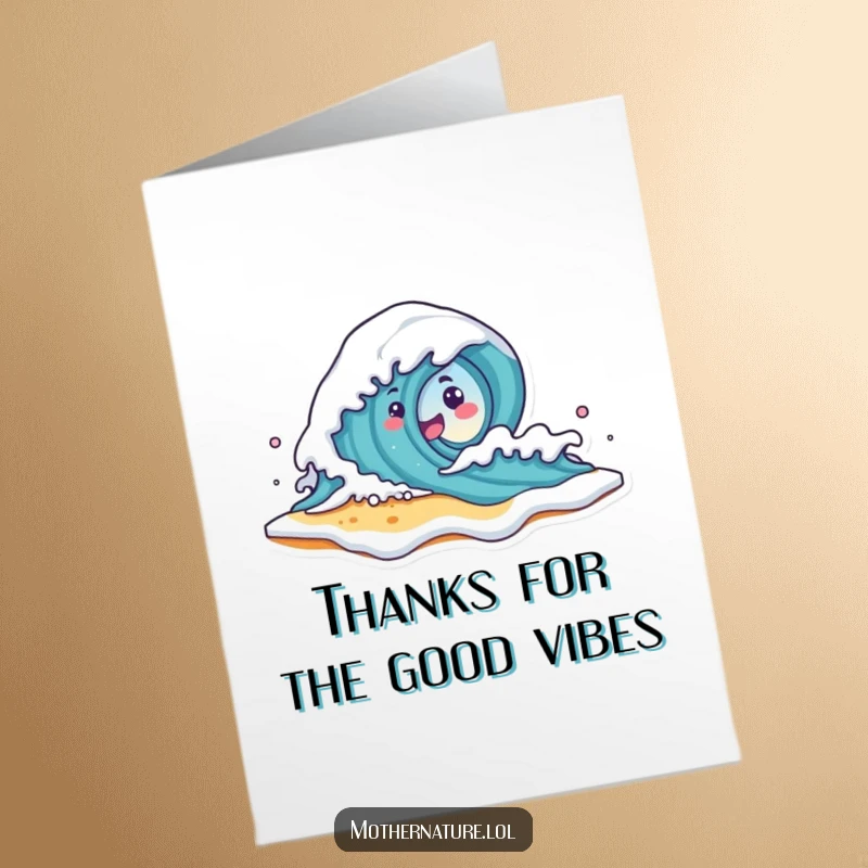 Funny Free Printable Thank You Card: Cute wave character crashing onto a smiling beach, expressing thanks with foamy fun.