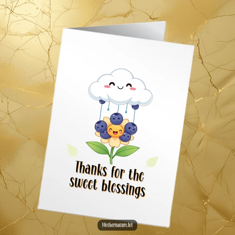 Funny Free Printable Thank You Card: A happy cloud rains smiling blueberries onto a flower, a sweet downloadable gift.