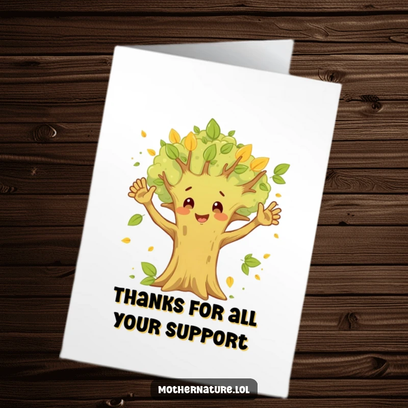 Funny Free Printable Thank You Card: Happy tree character waving its branches, surrounded by leaves, conveying thanks.