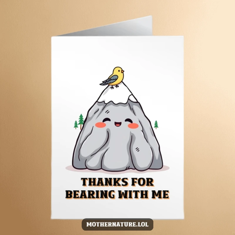 Funny Free Printable Thank You Card: A mountain character gives an amiable shrug while a bird sits on its head, easygoing thanks.