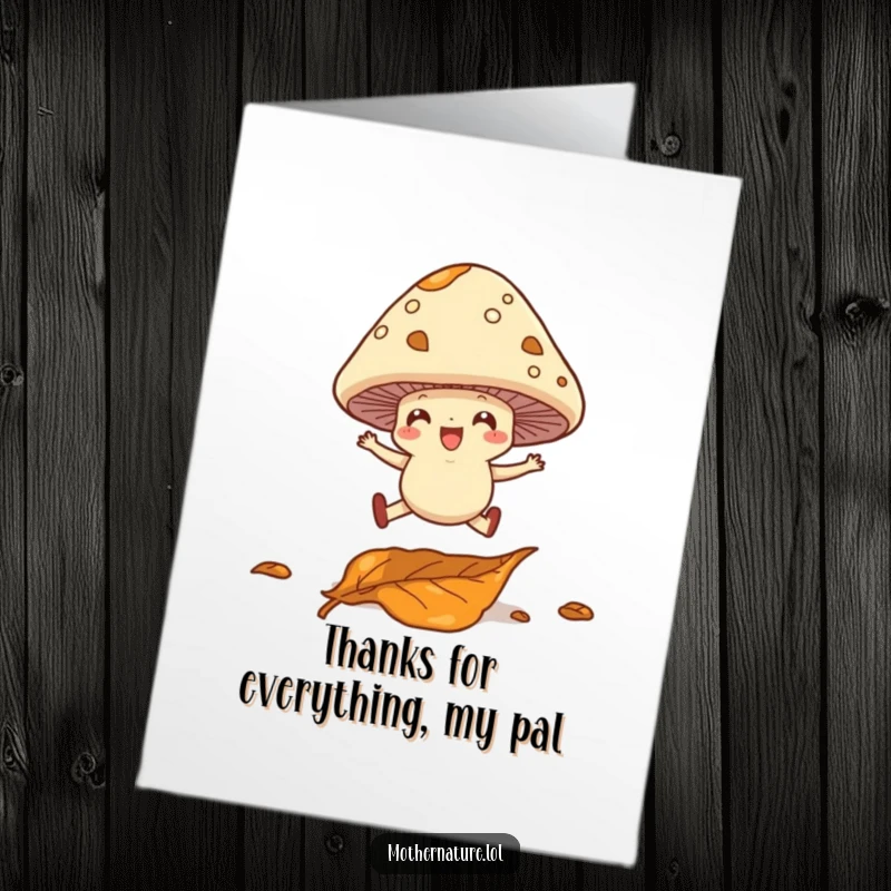 Funny Free Printable Thank You Card: A happy mushroom with legs leaping over a leaf, conveying cheerful thanks.