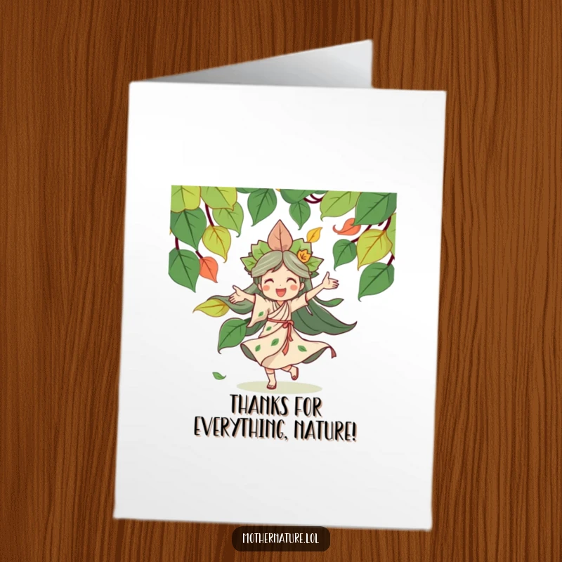 Funny Free Printable Thank You Card: Mother Nature in a joyful dance, surrounded by vibrant swirling leaves, expressing heartfelt thanks.