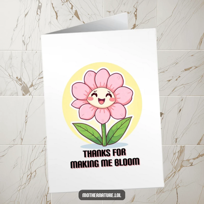 Grateful Free Printable Thank You Card: Flower character stretching its petals open towards a bright, welcoming sunshine.