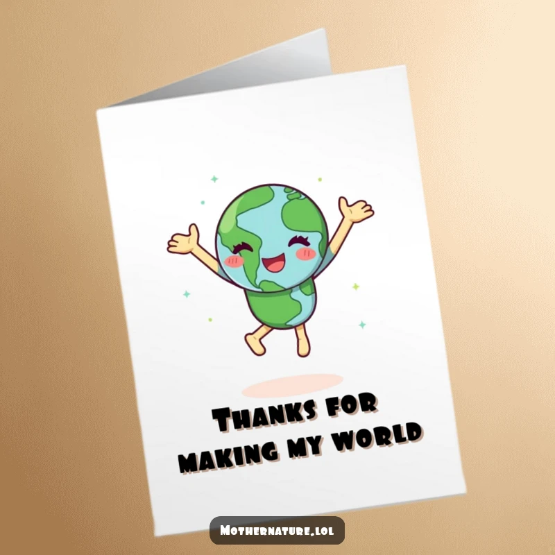 Funny Free Printable Thank You Card: Happy earth character dances joyfully, spinning with green continents, expressing thanks.