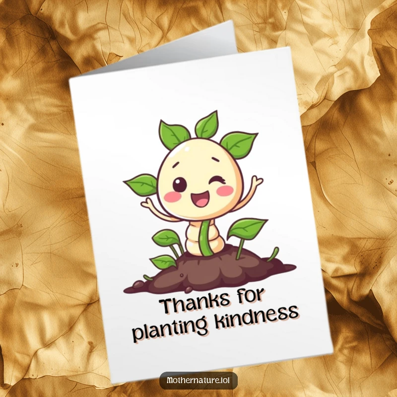 Funny Free Printable Thank You Card: Cheerful seed character bursting out of the ground happily, a growing downloadable thanks.