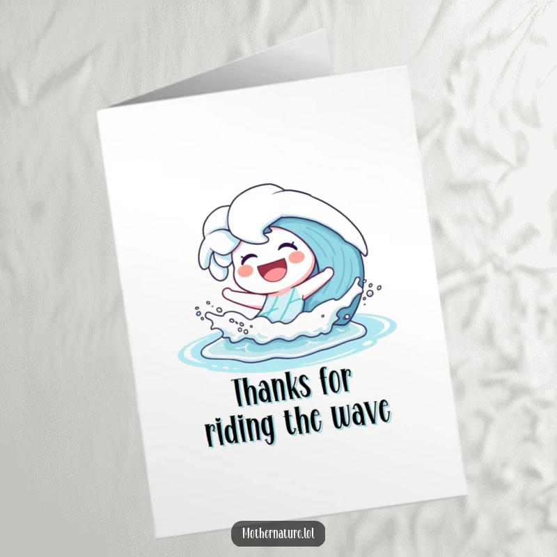 Fun Free Printable Thank You Card: A cheerful wave character laughing and splashing playfully onto the beach shore.