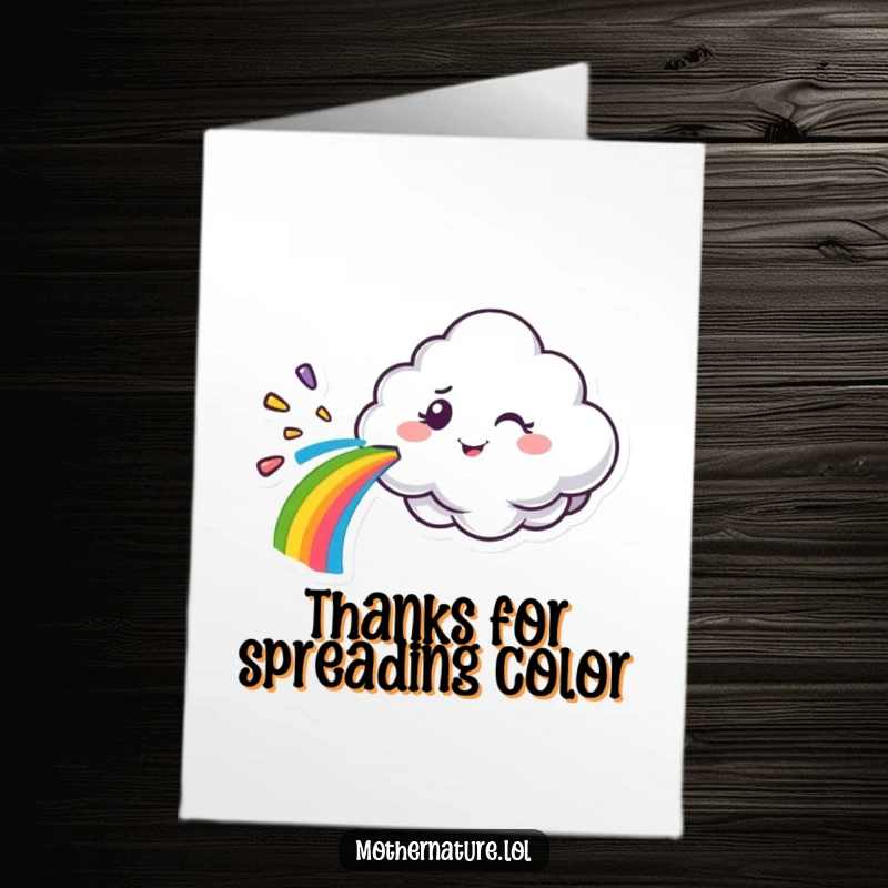 Funny Free Printable Thank You Card: A happy cloud character sprays a rainbow while giving a mischievous wink, downloadable thanks with personality.