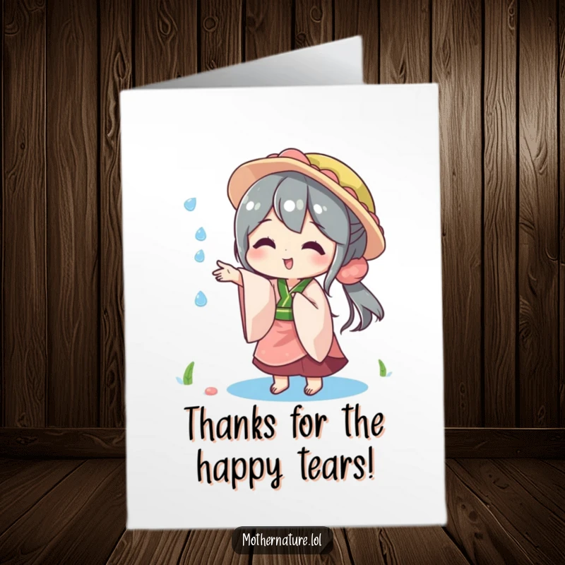 Funny Free Printable Thank You Card: Playful Mother Nature tossing a sparkling raindrop, a unique thank you.