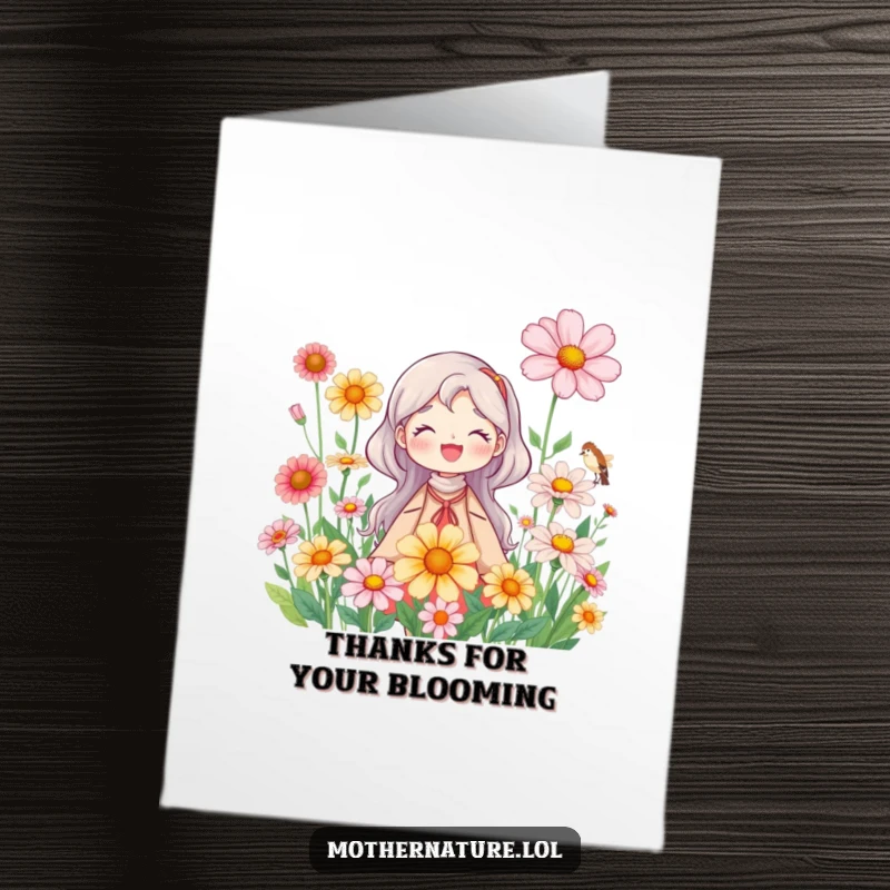 Funny Free Printable Thank You Card: Joyful Mother Nature surrounded by blooming wildflowers, expressing natural gratitude.