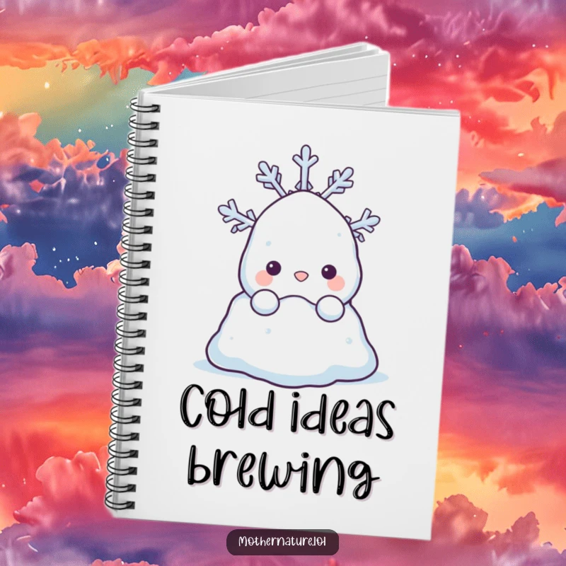 Funny notebook with a shy snowdrift character peeking from behind a happy snowflake. Ideal for journaling.