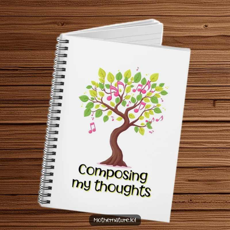 Funny musical tree branch notebook, leaves shaped like dancing musical notes, for jotting down ideas, cute stationery gift.