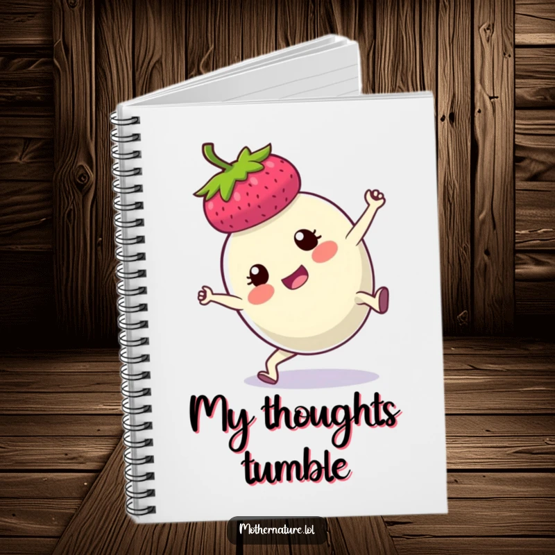 Funny notebook cover with a determined plump berry in a cartwheel, symbolizing energetic brainstorming and joyful productivity.