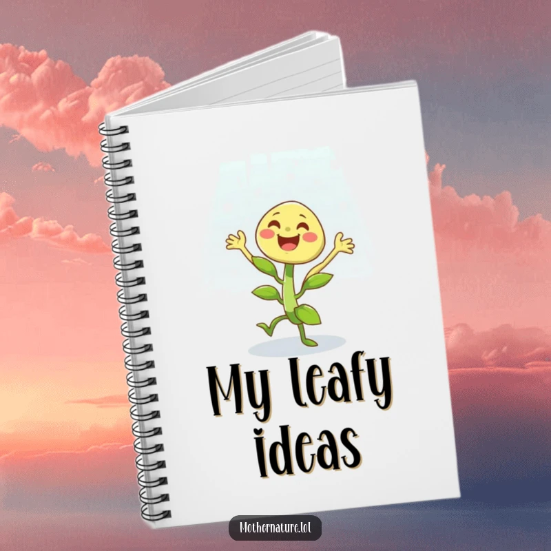 Funny notebook cover featuring a happy plant character dancing with pure glee during a light, refreshing rain shower.