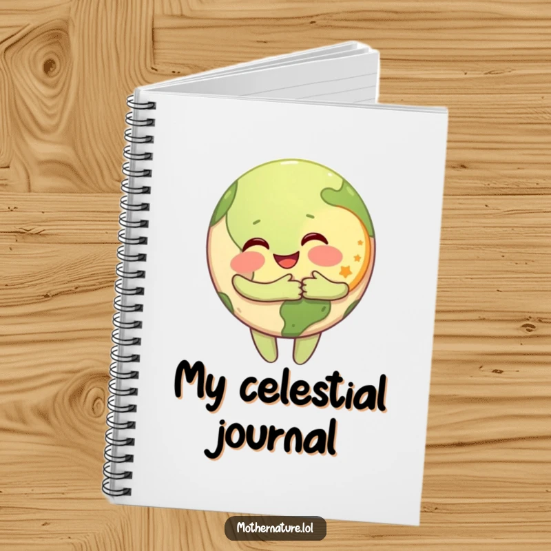 Funny Notebook with a happy Earth character hugging a grinning Moon on the cover, perfect for journaling and notes.