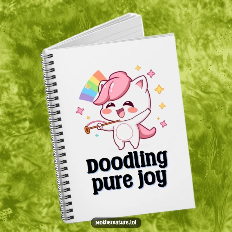 Funny notebook with a mischievous character giggling while orchestrating a rainbow, great for notes.