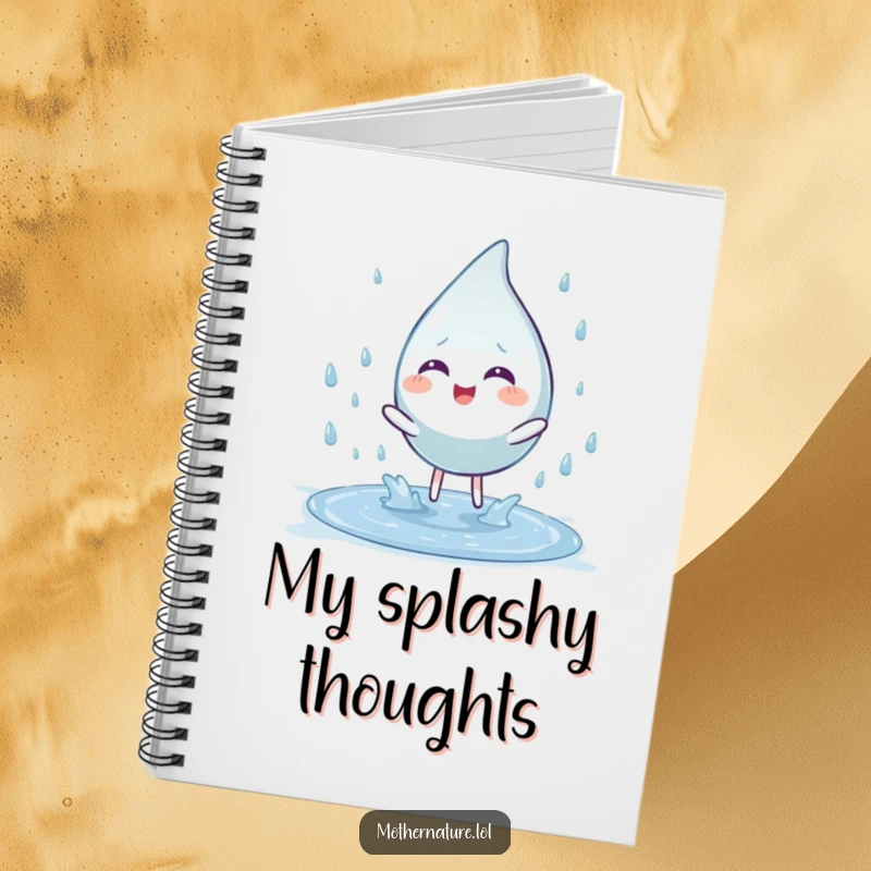 Funny notebook featuring a playful raindrop character splashing into a puddle. Ideal for notes and creative writing.
