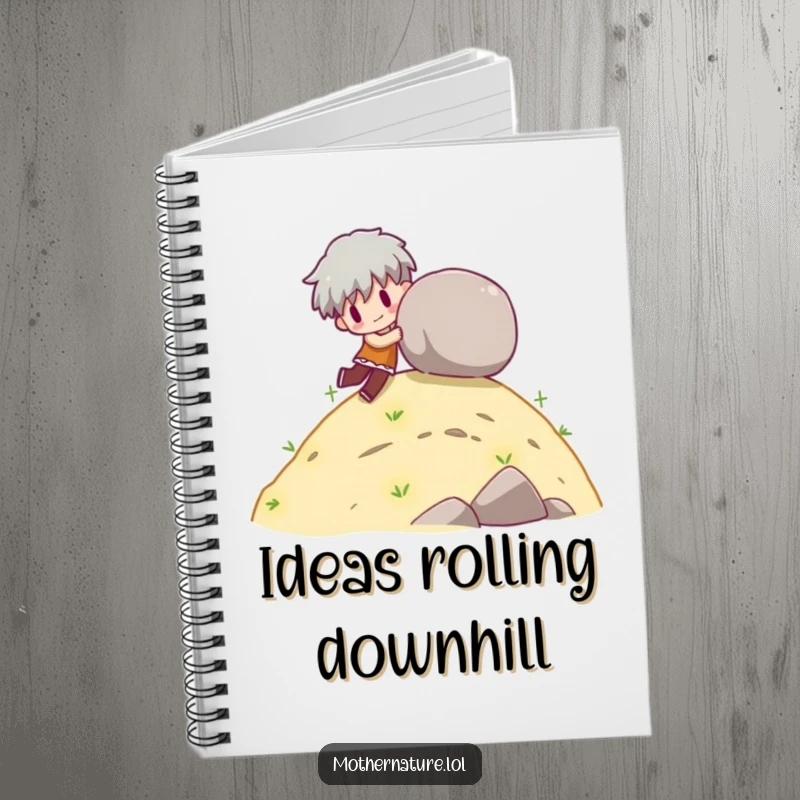 Funny notebook with a character playfully pushing a rolling boulder down a gentle hill.