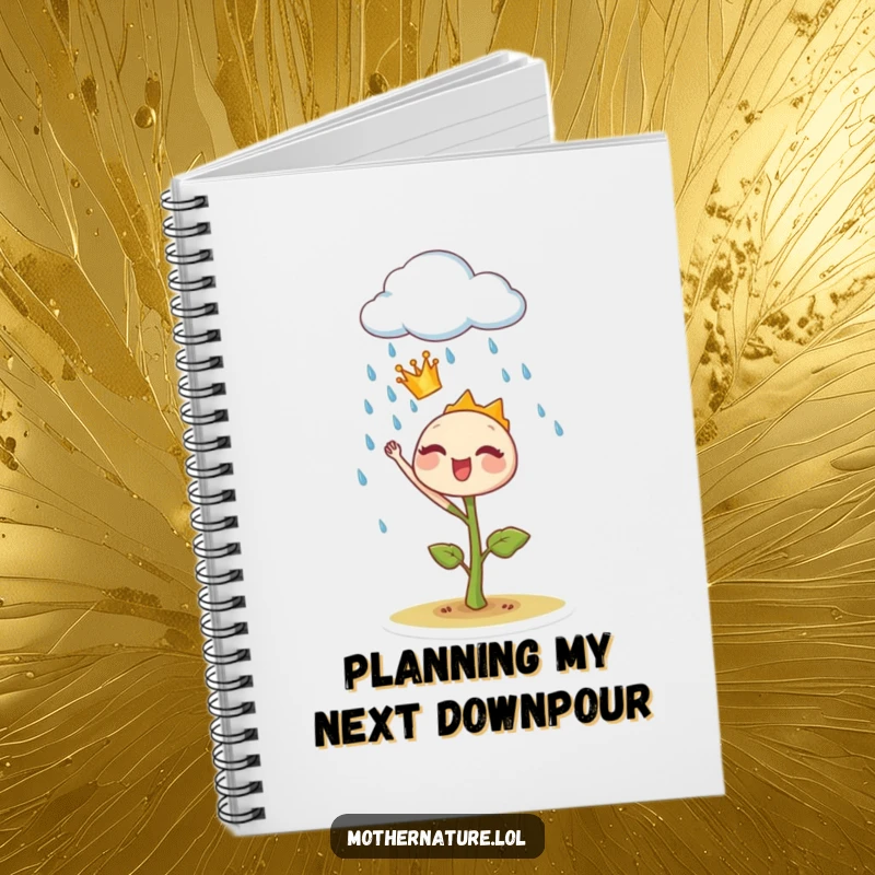 Funny sprout crown notebook, featuring a tiny plant ruler joyfully commanding a rain cloud, ideal for journaling and growth plans.