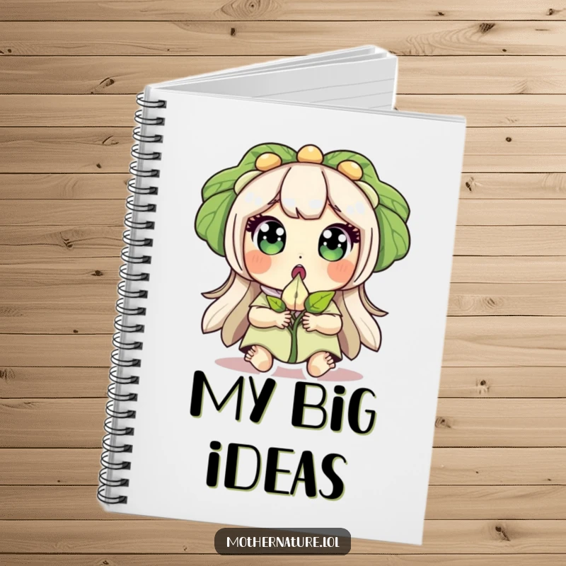 Funny notebook cover of Mother Nature with wide eyes, surprised, holding a sprouting seed, inspiring wonder.